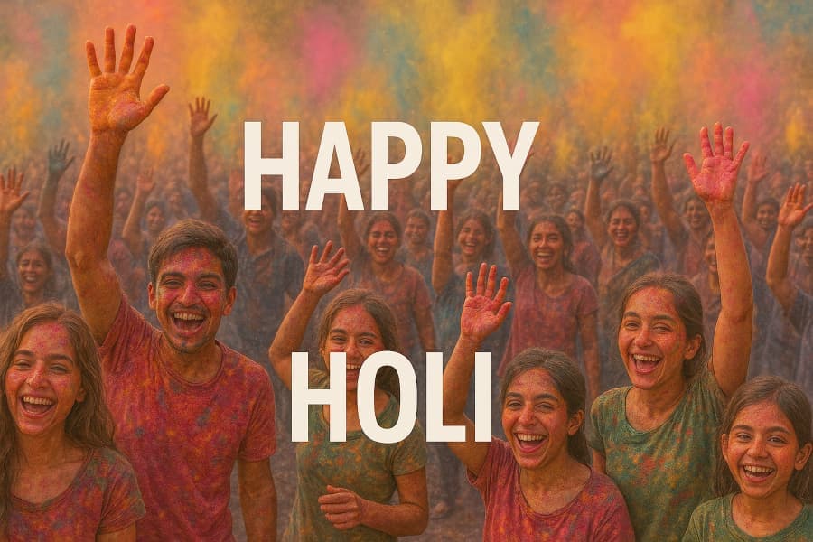 Holi festival crowd celebrating with colored powders gulal and spring colors India