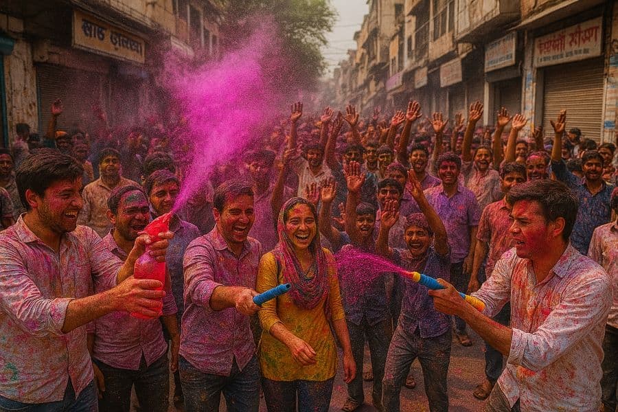 People celebrating Holi by throwing colored powders (gulal) on each other outdoors