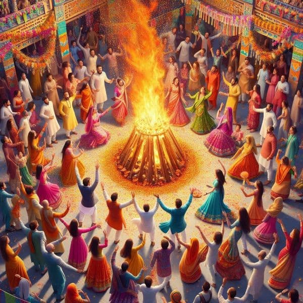 Holika Dahan bonfire on Holi eve with devotees gathered around flames