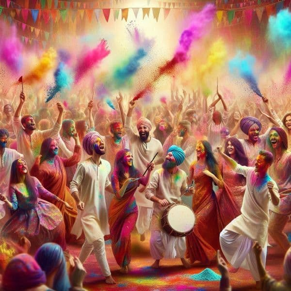 Holi music and dance celebration with dhol drums and colorful crowd India