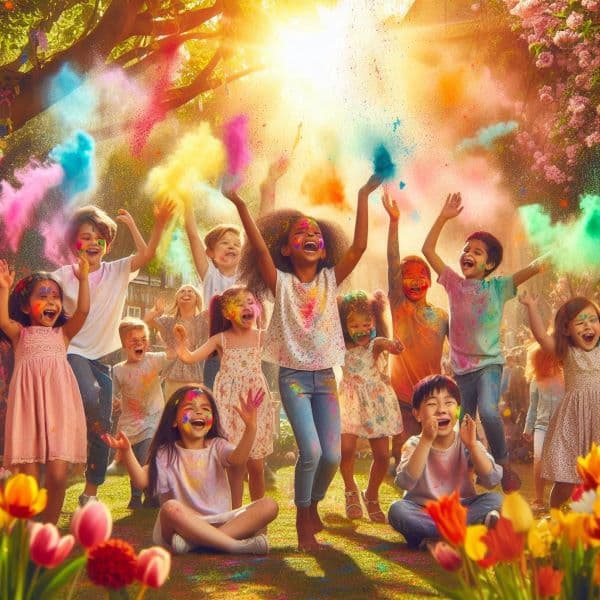 Children playing Holi with water guns pichkari and safe organic gulal colors