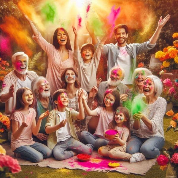 Friends and families celebrating Holi together showing unity and joy of spring festival