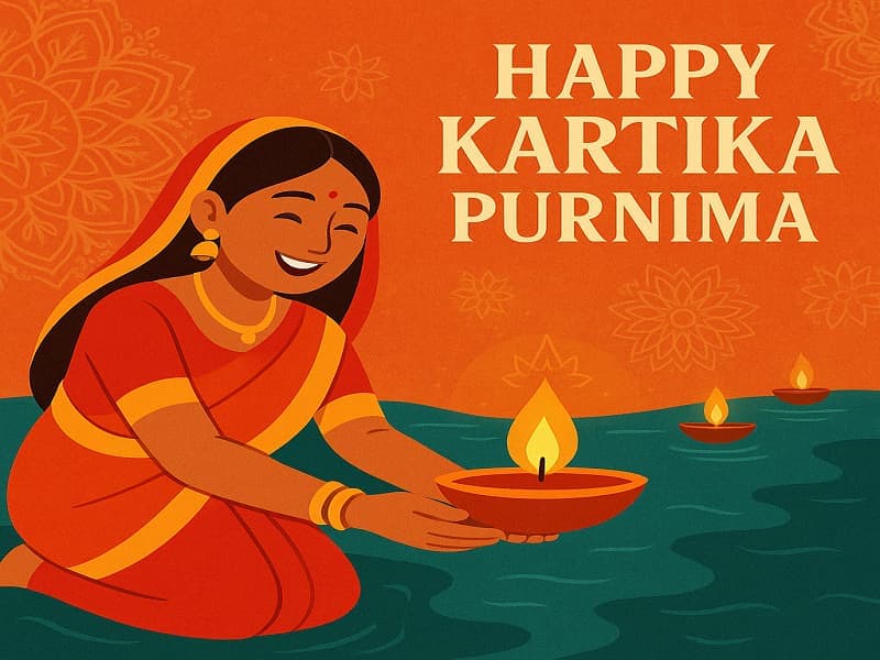 Kartik Purnima full moon night with river lamps and devotees