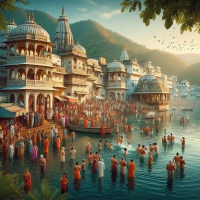 Devotees taking Kartik Purnima holy dip Snan in sacred river Ganga at dawn