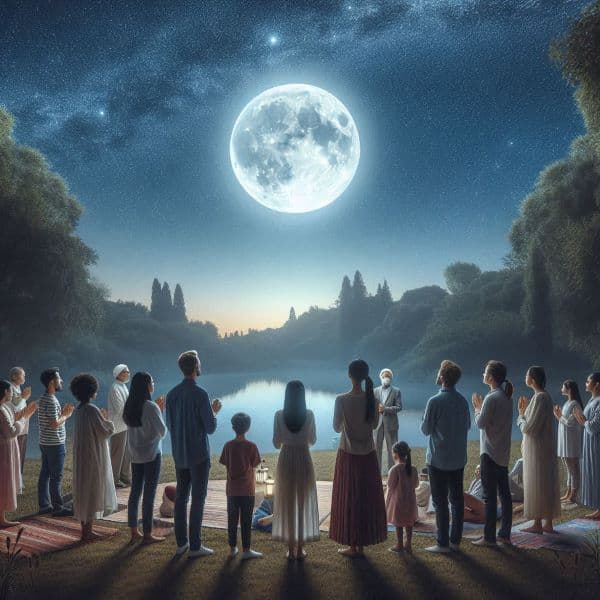 Bright Kartik Purnima full moon over temple spires India festival night