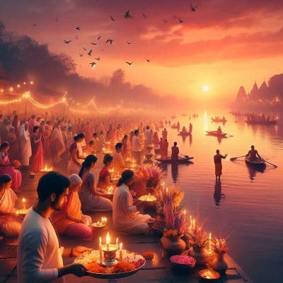 Kartik Purnima Deep Daan floating diyas lamps on river at evening