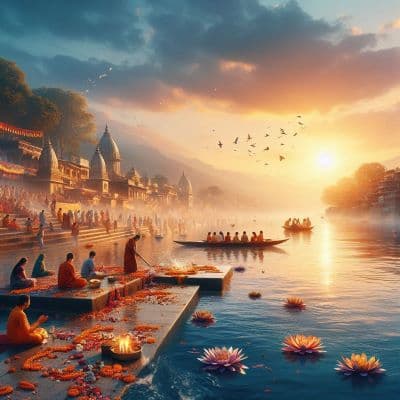Kartik Purnima evening aarti lamps and devotional singing at ghat
