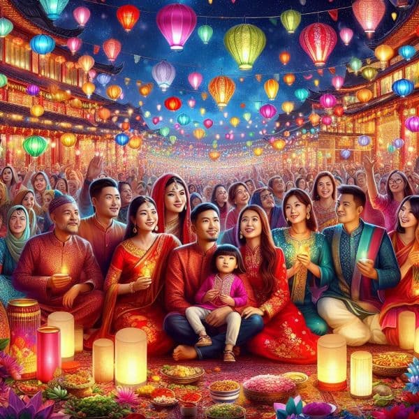 Family celebrating Kartik Purnima with diyas flowers and prasad at home