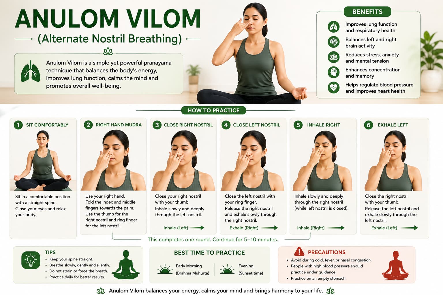 Anulom Vilom alternate nostril breathing infographic showing hand mudra, nostril sequence, benefits, tips and precautions