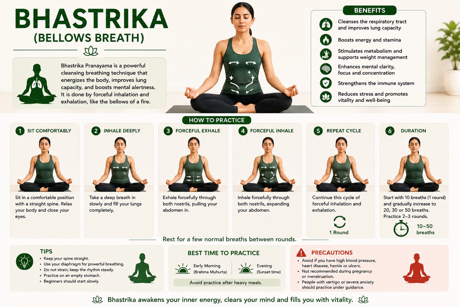 Bhastrika bellows breath infographic showing forceful inhale and exhale steps, benefits, tips and precautions