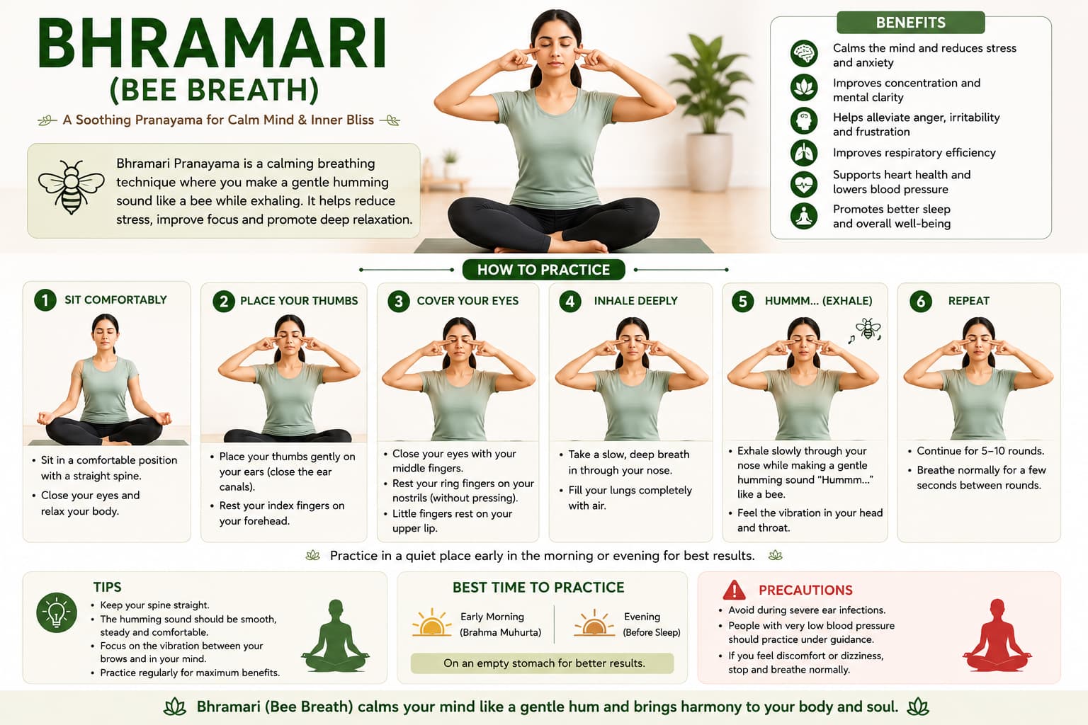 Bhramari bee breath infographic showing humming breath steps, benefits, tips, best time to practice and precautions