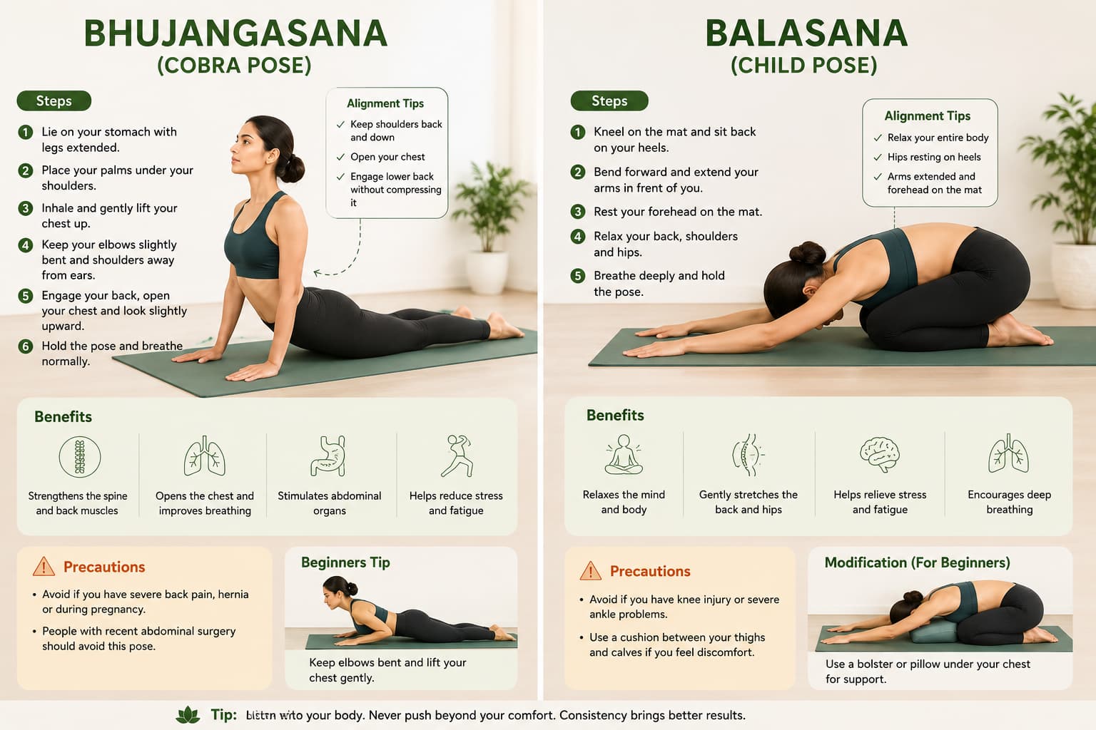 Bhujangasana cobra pose and Balasana child pose infographic showing steps, benefits, precautions and modifications