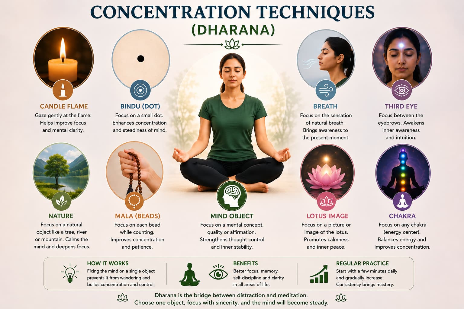 Concentration techniques Dharana infographic showing candle flame, bindu dot, breath, mantra beads, nature, lotus image and chakra focus methods