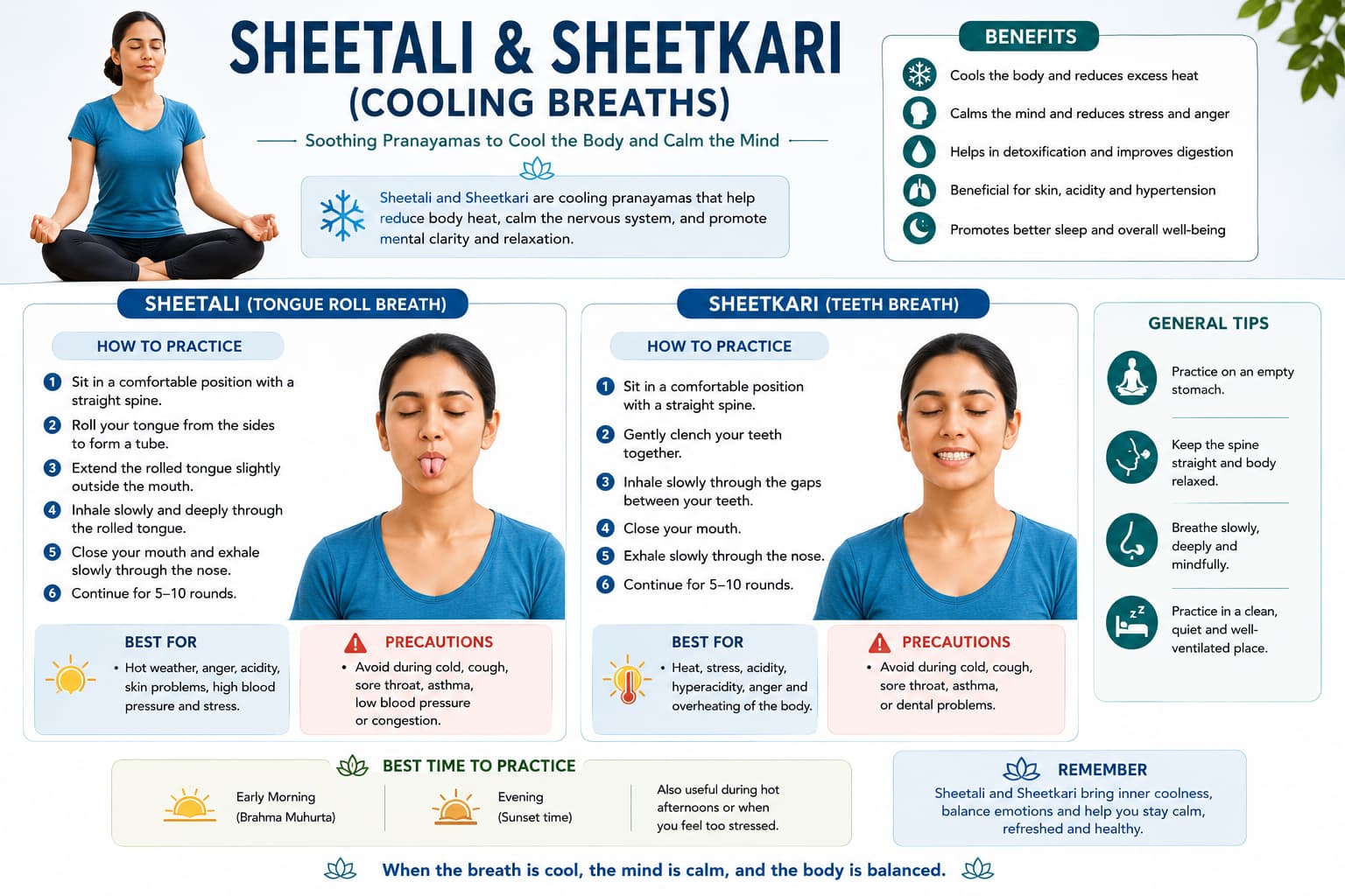 Sheetali and Sheetkari cooling breaths infographic showing tongue roll breath, teeth breath, benefits, tips and precautions