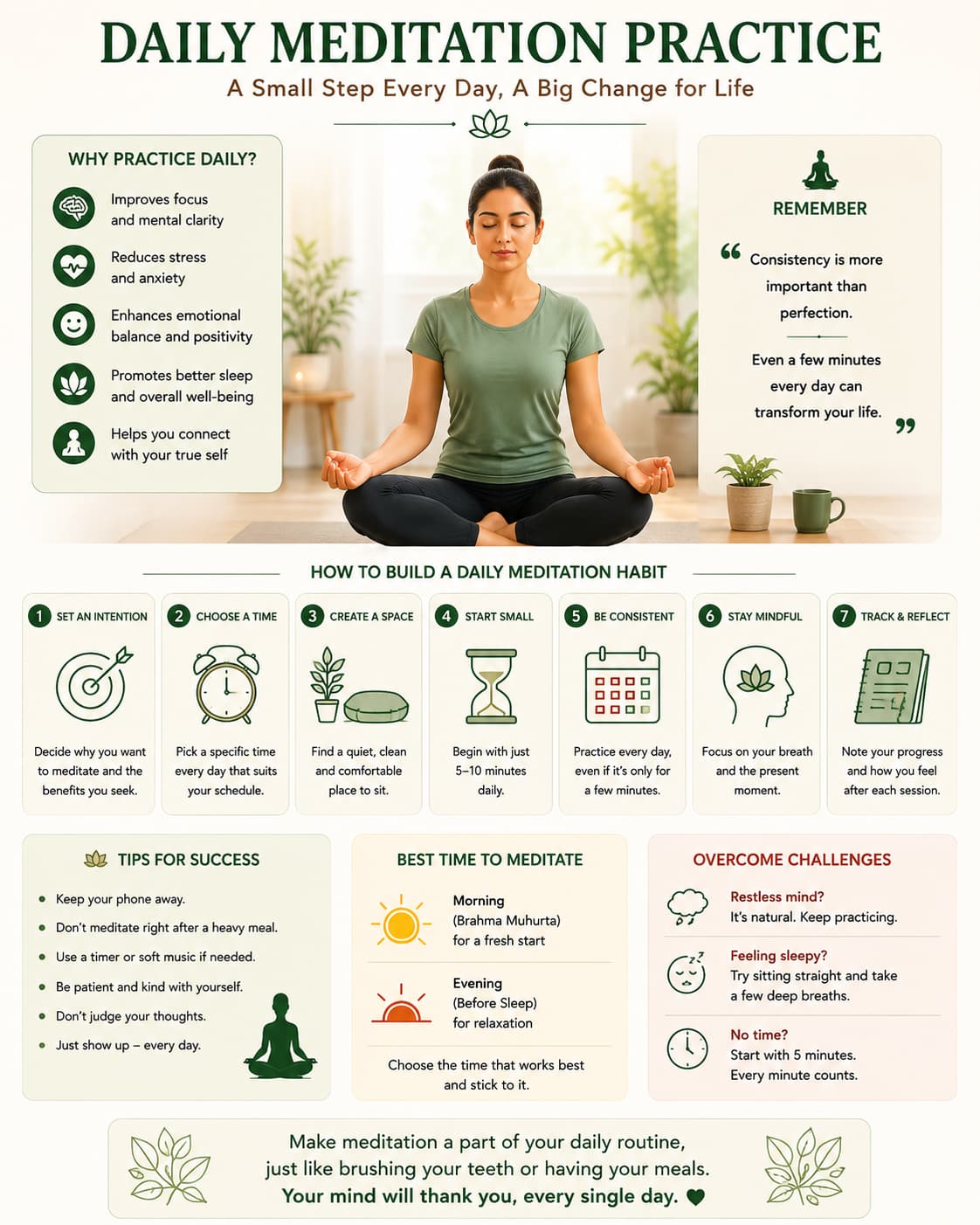 Daily meditation practice infographic showing habit-building steps, benefits, success tips, best time and common challenges