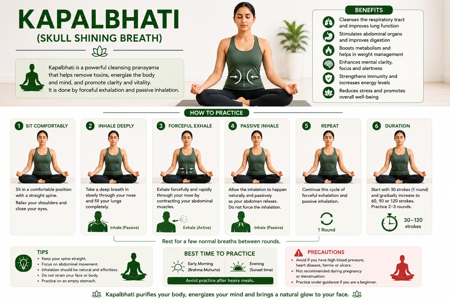 Kapalbhati skull shining breath infographic showing forceful exhale steps, passive inhale, benefits, tips and precautions