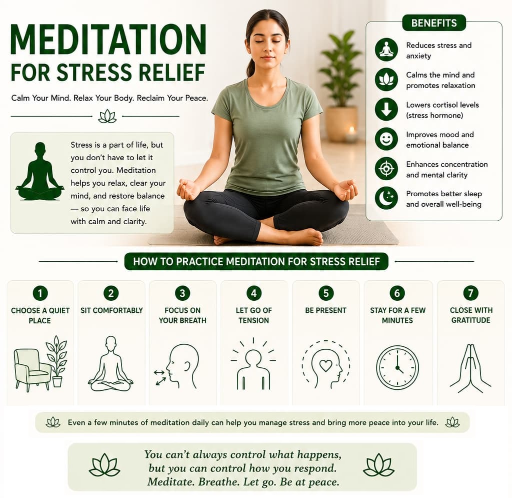 Meditation for stress relief infographic showing calming steps, stress relief benefits and a relaxation quote