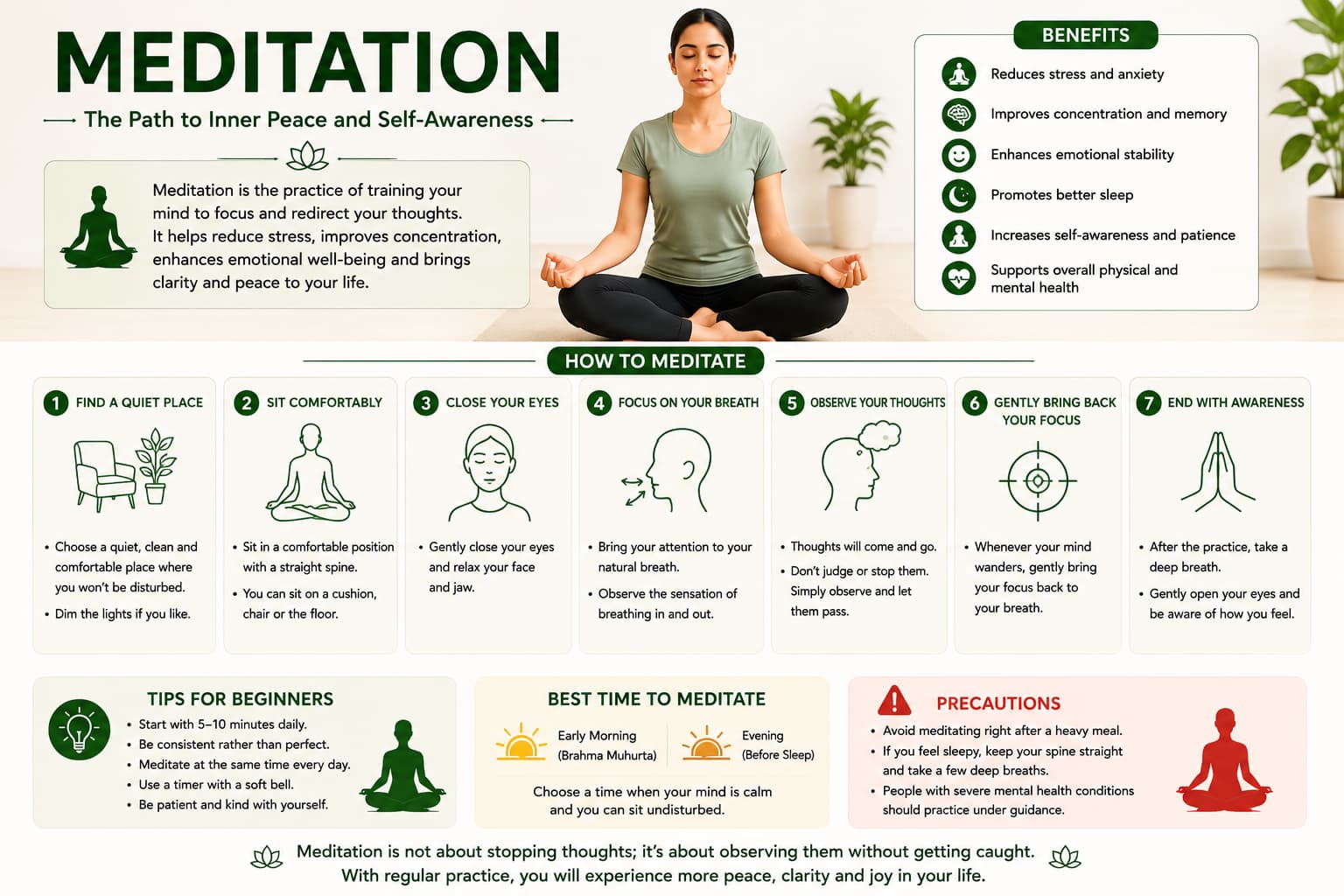 Meditation infographic showing seated meditation posture, how to meditate, benefits, beginner tips, best time and precautions