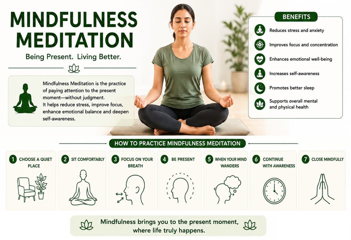 Mindfulness meditation infographic showing present-moment practice steps, benefits and mindful closing