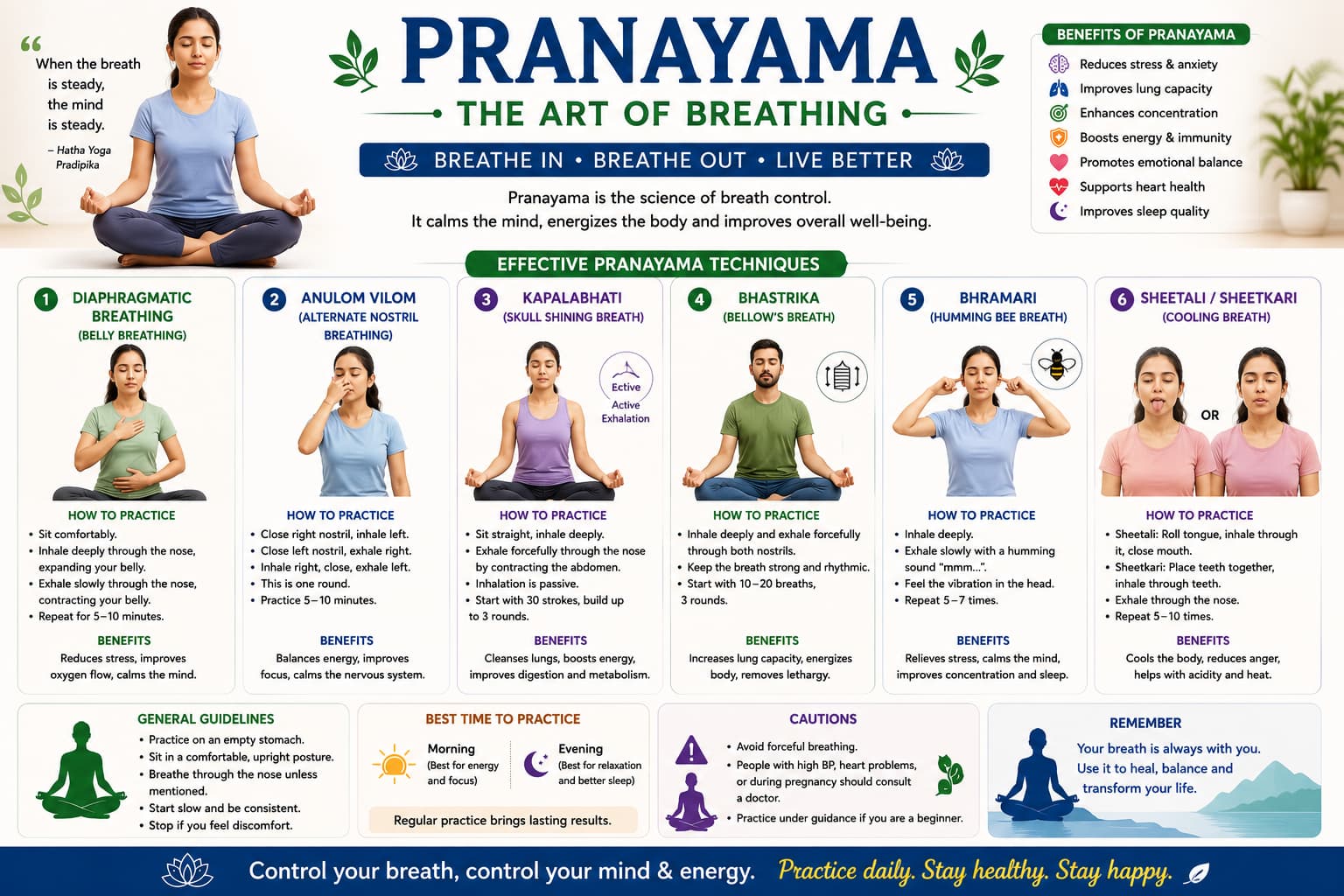 Pranayama breathing exercise infographic showing diaphragmatic breathing, Anulom Vilom, Kapalbhati, Bhastrika, Bhramari, cooling breaths, benefits and cautions