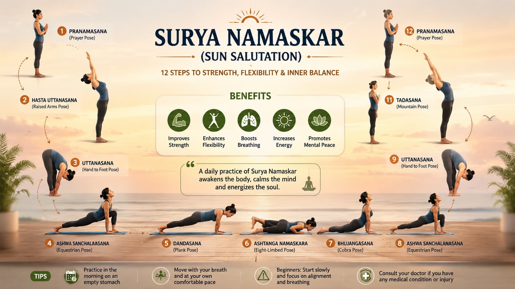 Surya Namaskar infographic showing the 12 sun salutation steps, benefits and safe practice tips