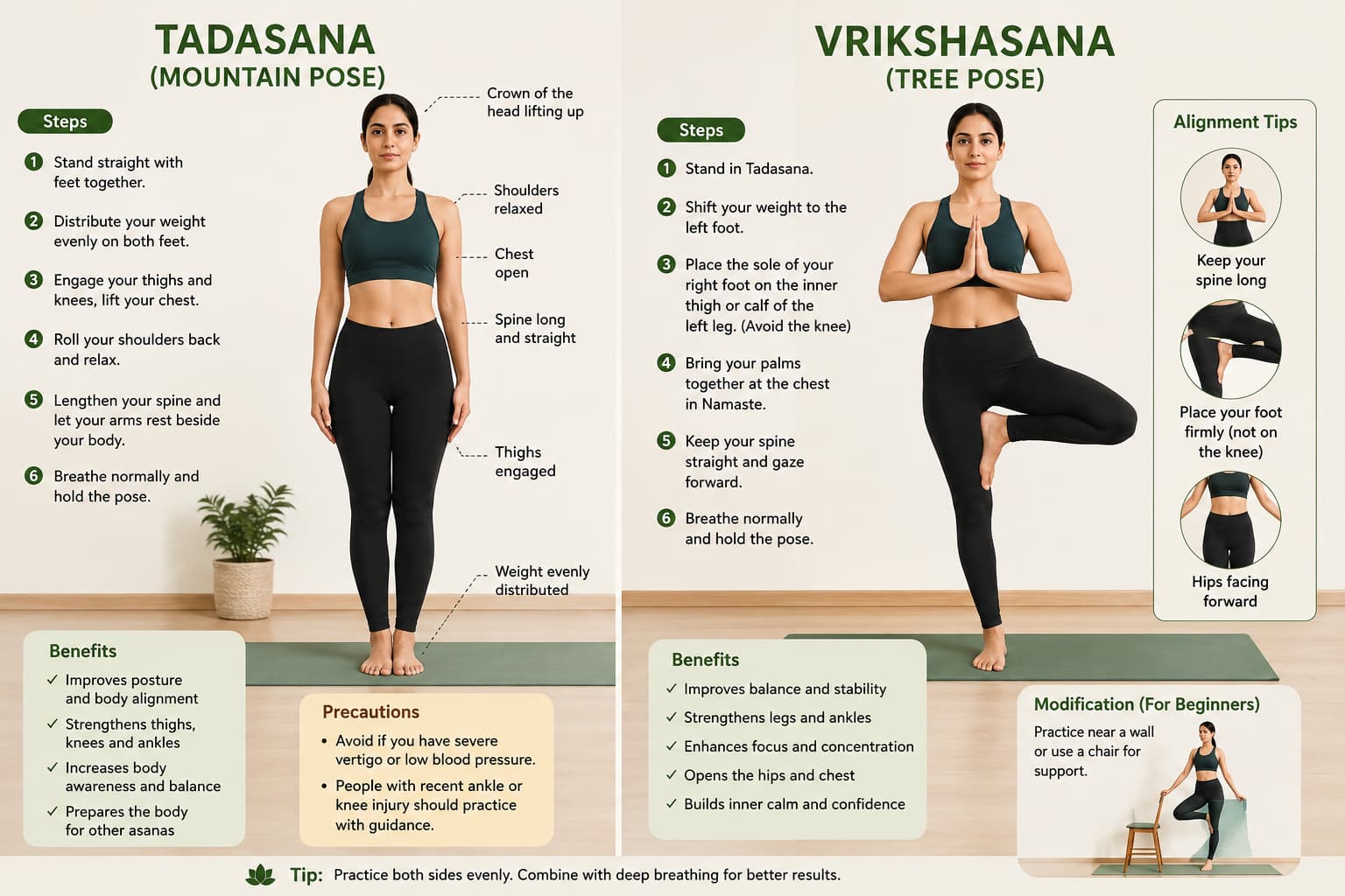 Tadasana mountain pose and Vrikshasana tree pose infographic showing steps, alignment tips, benefits and precautions