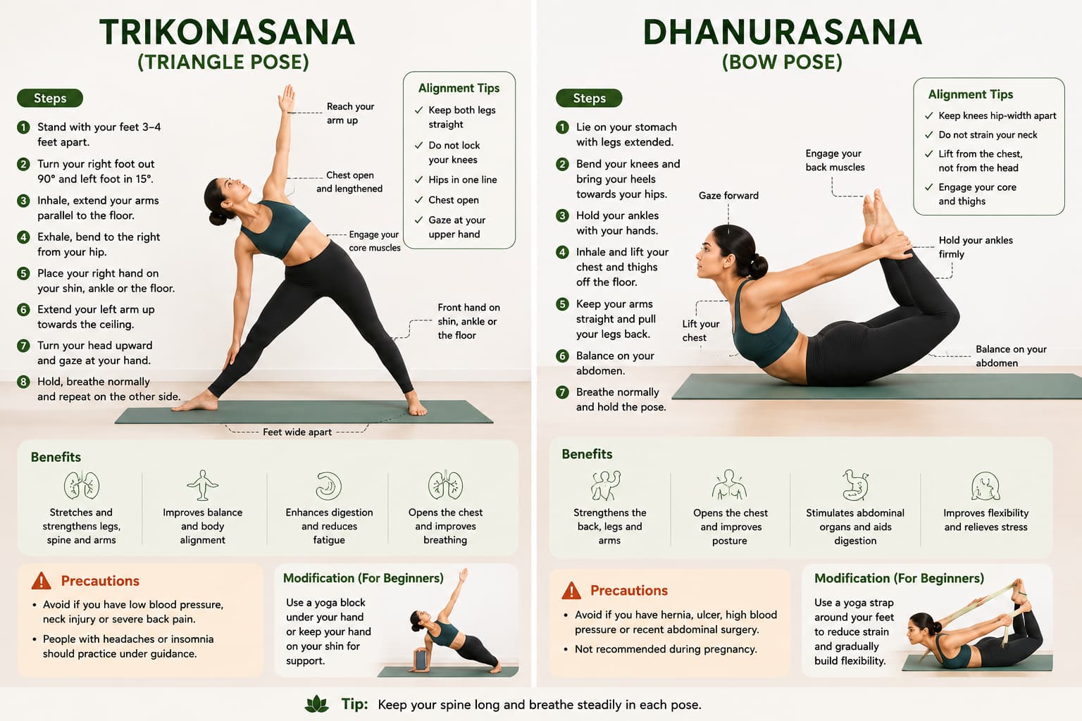 Trikonasana triangle pose and Dhanurasana bow pose infographic showing alignment tips, benefits and precautions