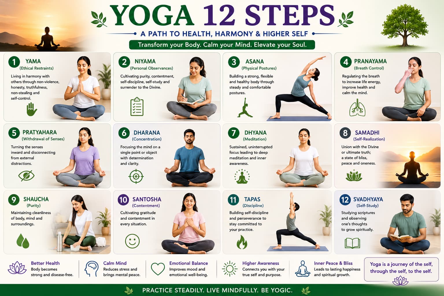 Yoga path infographic summarising 12 yogic principles and practices including asana, pranayama and meditation