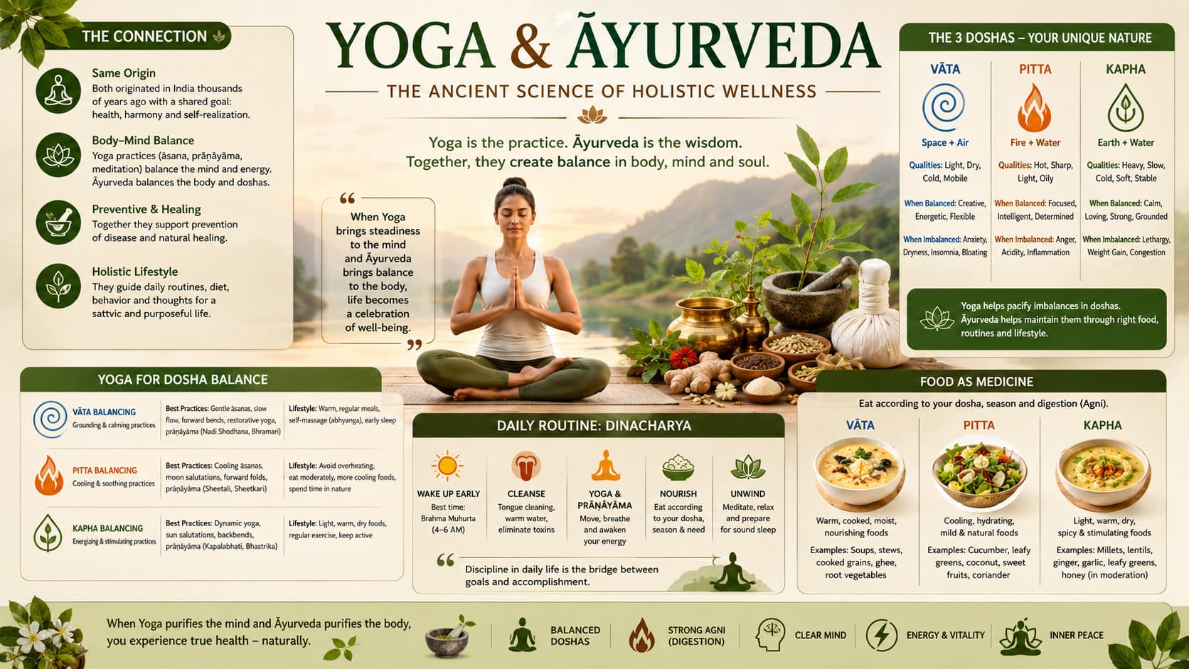 Yoga and Ayurveda infographic showing dosha balance, food as medicine, daily routine, preventive healing and holistic lifestyle connections