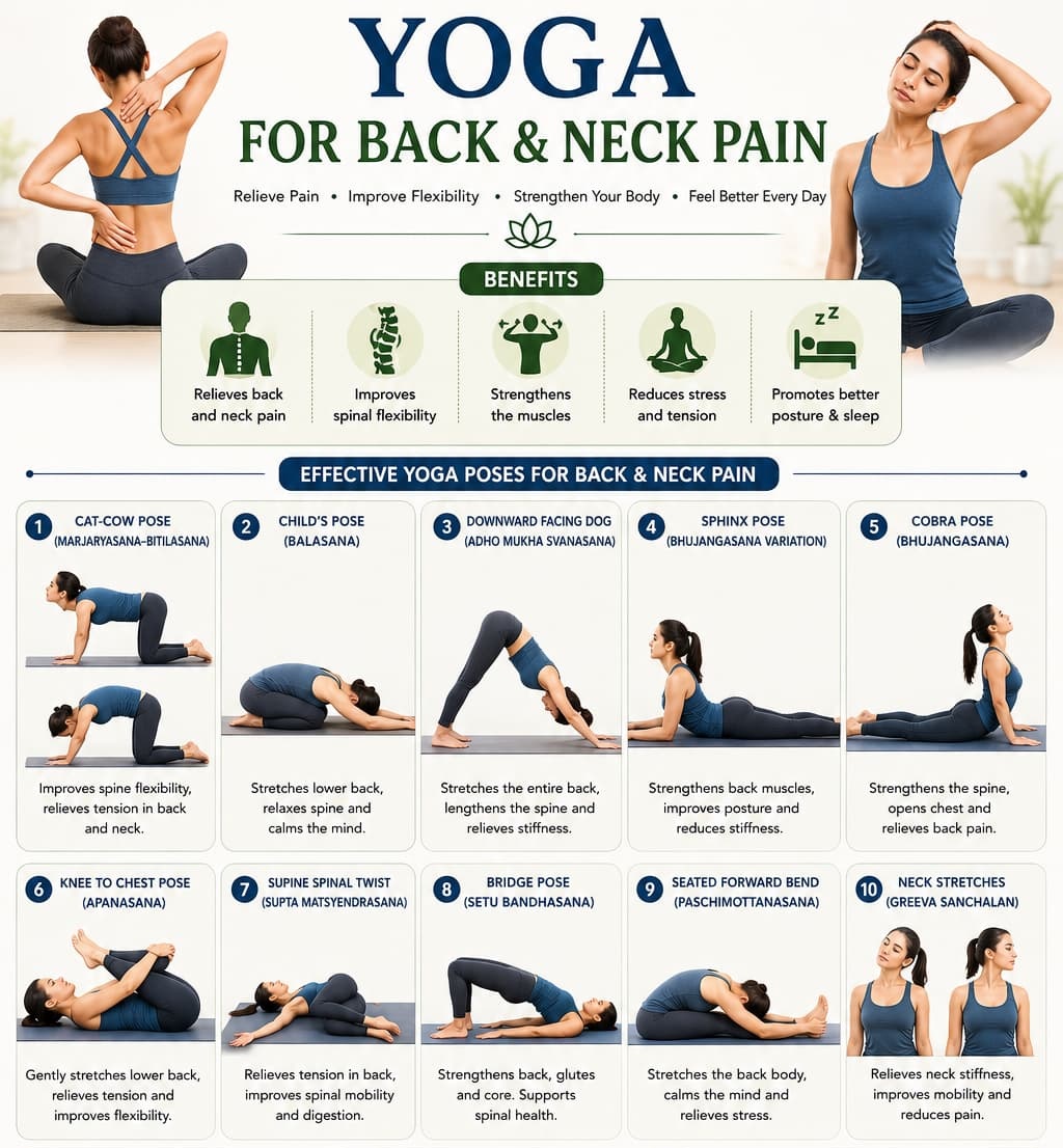 Yoga for back and neck pain infographic showing benefits and gentle poses including cat-cow, child's pose, downward dog, sphinx, cobra and neck stretches