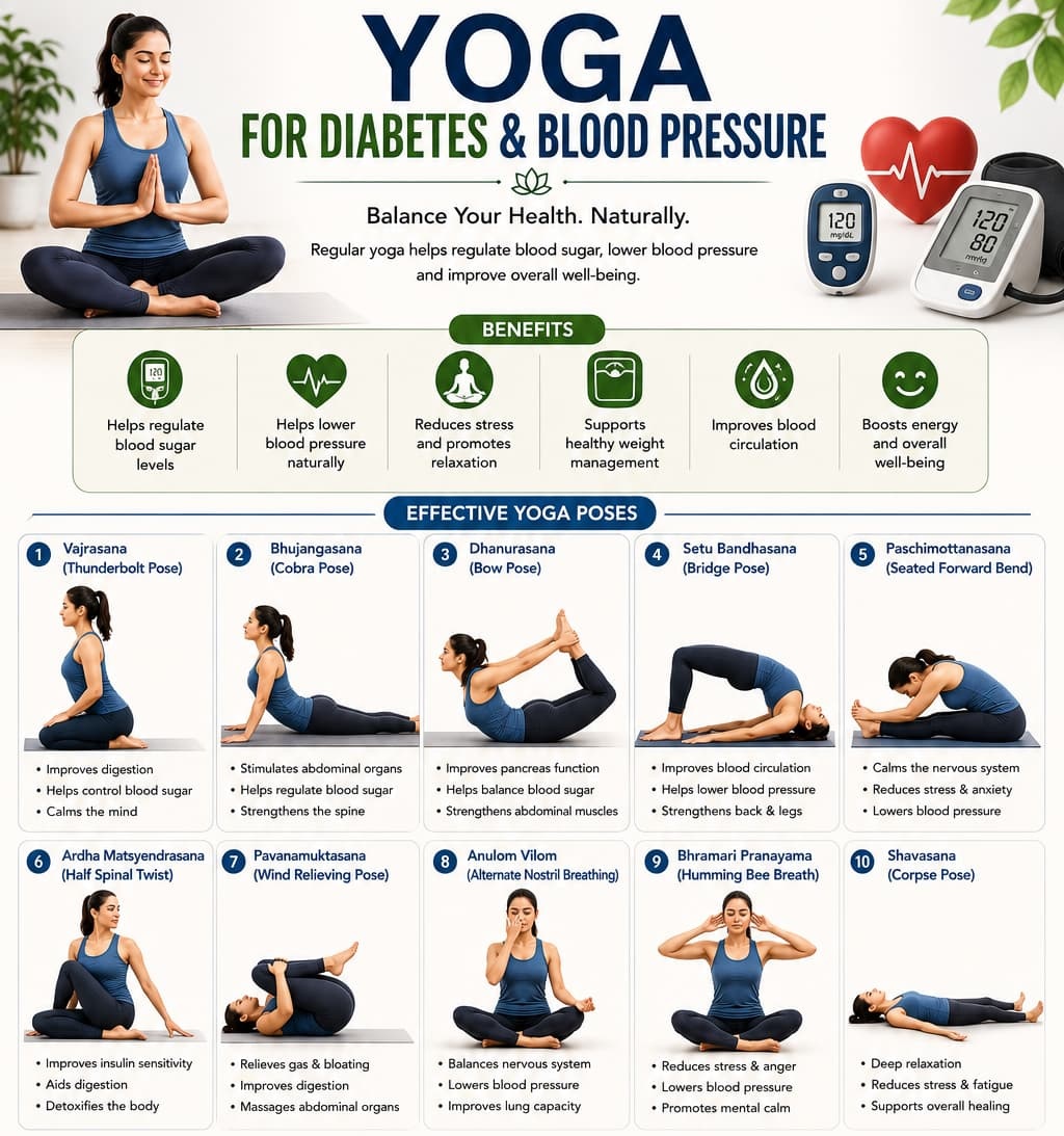 Yoga for diabetes and blood pressure infographic showing benefits and poses including Vajrasana, Bhujangasana, bridge pose, Anulom Vilom, Bhramari and Shavasana