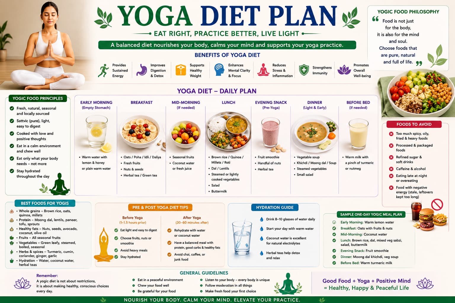 Yoga diet plan infographic showing yogic food principles, daily meal plan, best foods for yogis, hydration guide, foods to avoid and general guidelines
