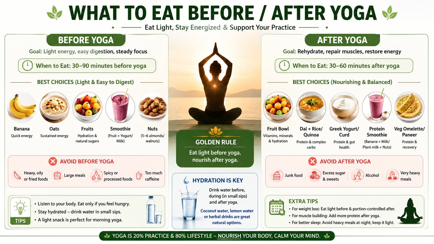 What to eat before and after yoga infographic showing light pre-yoga foods, post-yoga recovery meals, hydration tips and foods to avoid