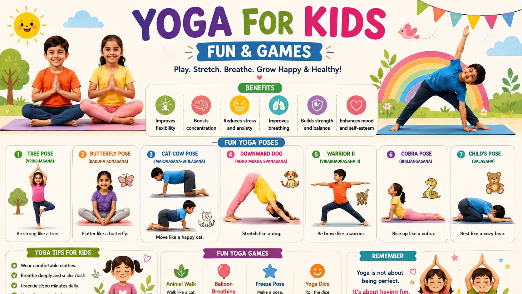 Yoga for kids infographic showing fun yoga poses, benefits, tips for kids and playful yoga games