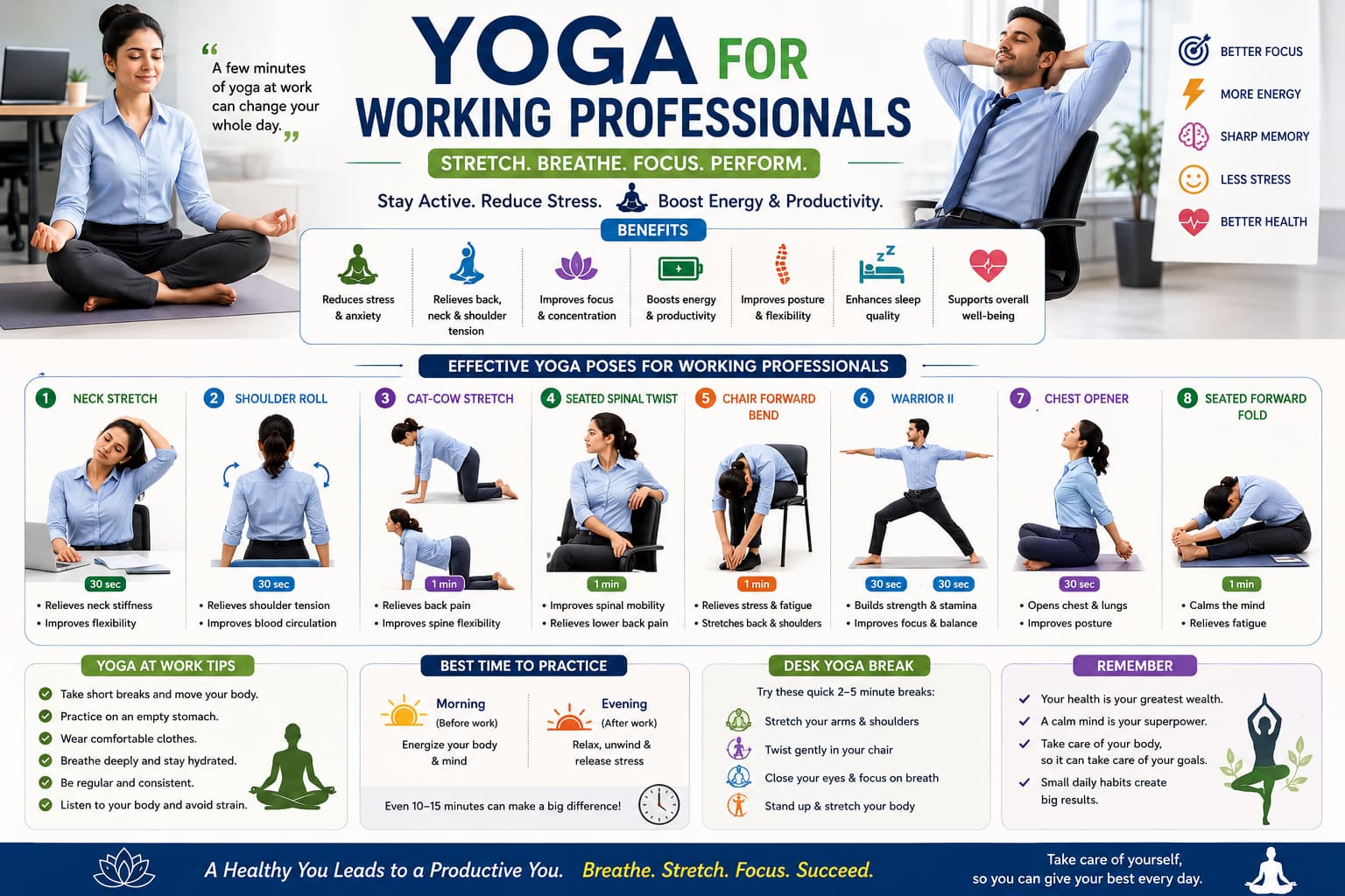Yoga for working professionals infographic showing desk-friendly poses, benefits, yoga at work tips and short break ideas