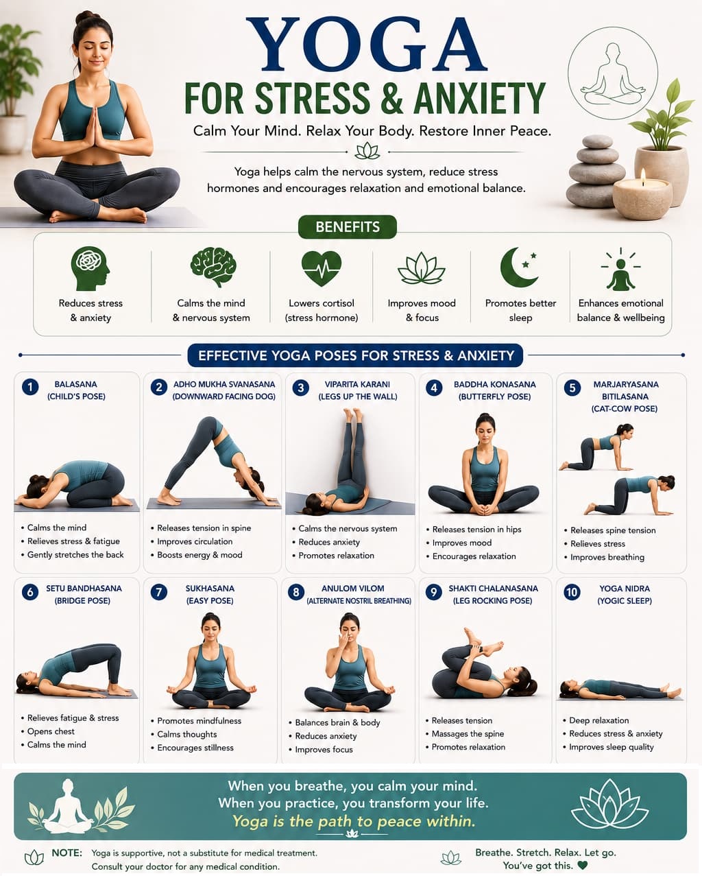 Yoga for stress and anxiety infographic showing calming benefits and poses including Balasana, downward dog, legs up the wall, bridge pose, Anulom Vilom and Yoga Nidra