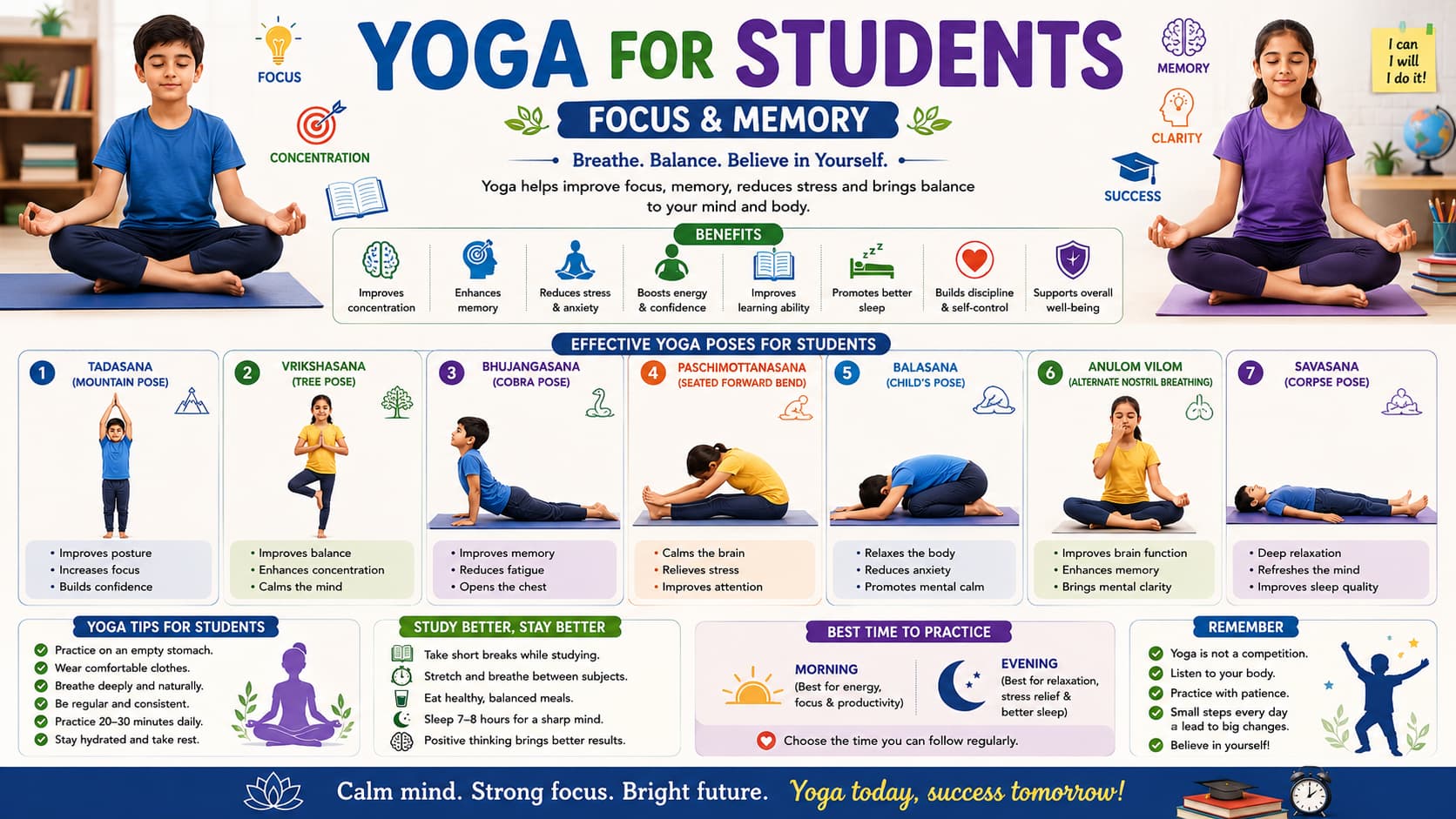 Yoga for students infographic showing focus and memory benefits, student-friendly poses, study tips and best practice time