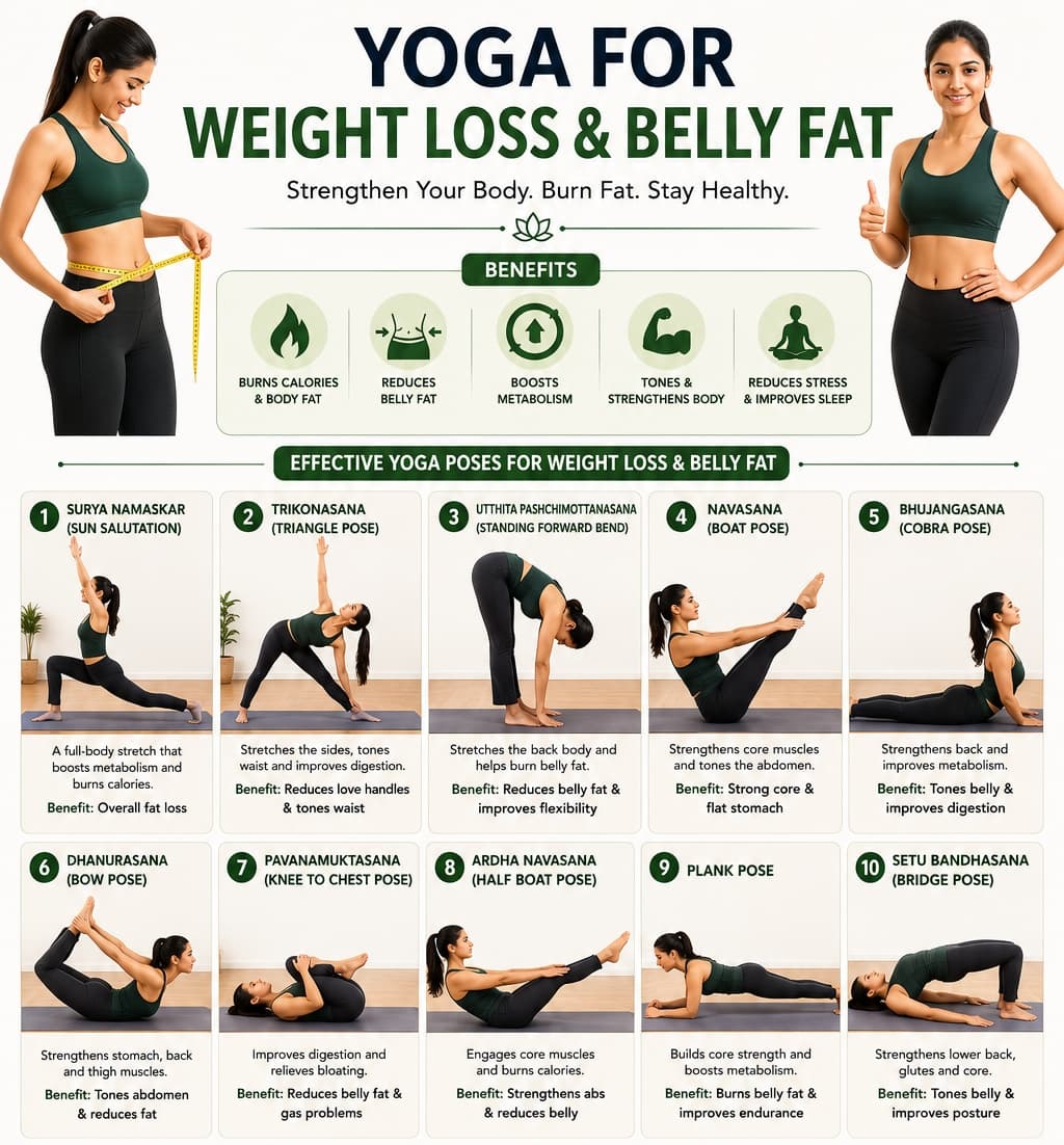 Yoga for weight loss and belly fat infographic showing benefits and effective poses including Surya Namaskar, Trikonasana, Navasana, Bhujangasana and plank