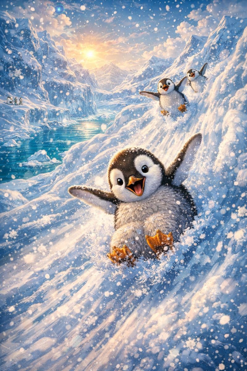 Illustration for Pippa the Penguin's Snowy Slide kids animal story showing main characters and scene