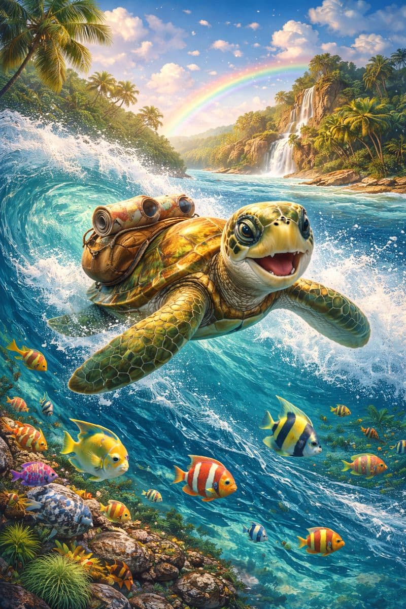 Illustration for Tutu the Turtle's Big Journey kids animal story showing main characters and scene