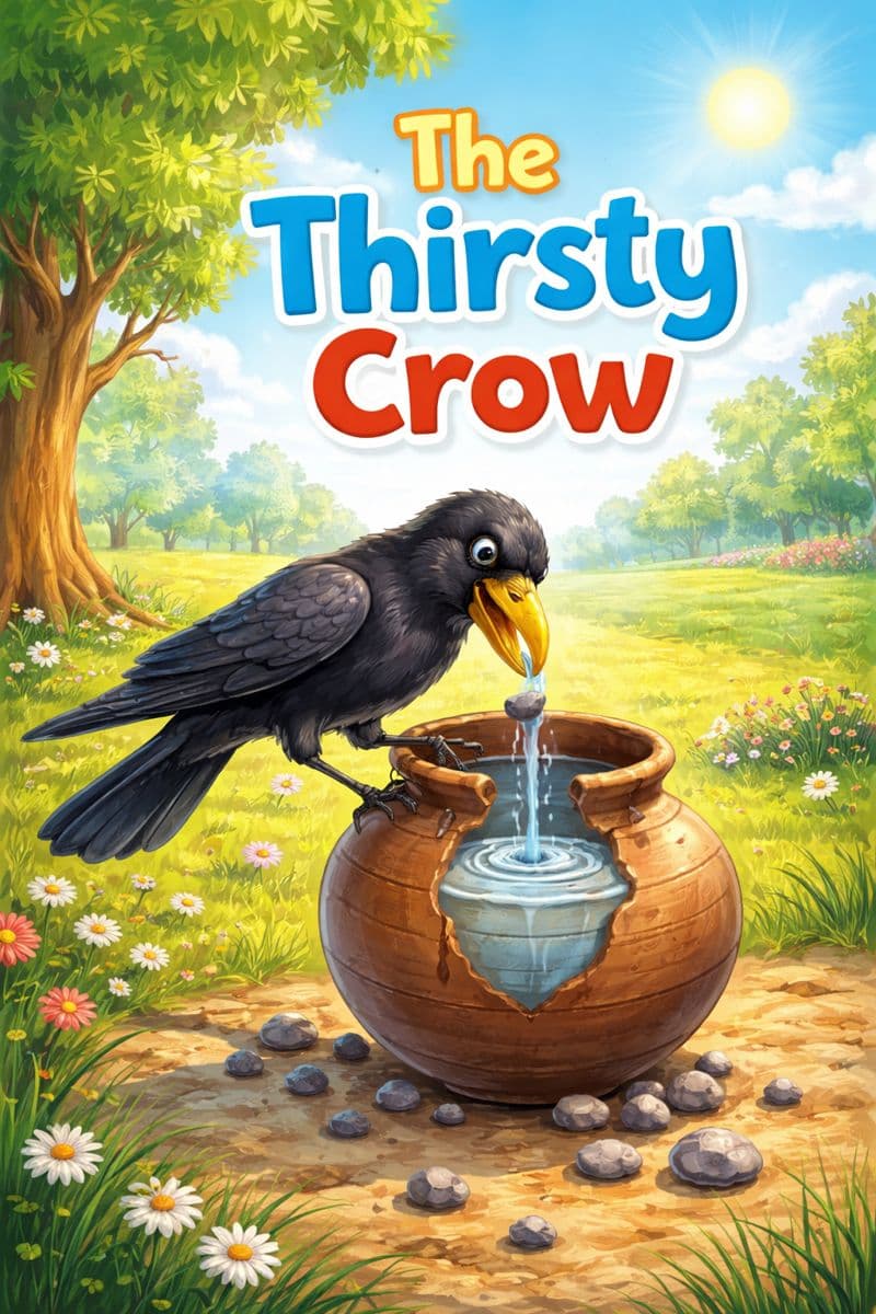 Crow dropping stones into pitcher to raise water in Thirsty Crow moral story