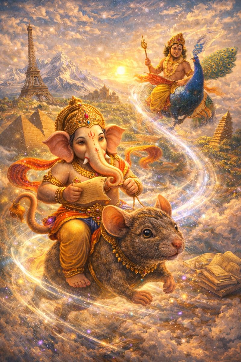 Illustration for Ganesha and the Race Around the World kids mythological story showing main characters and scene