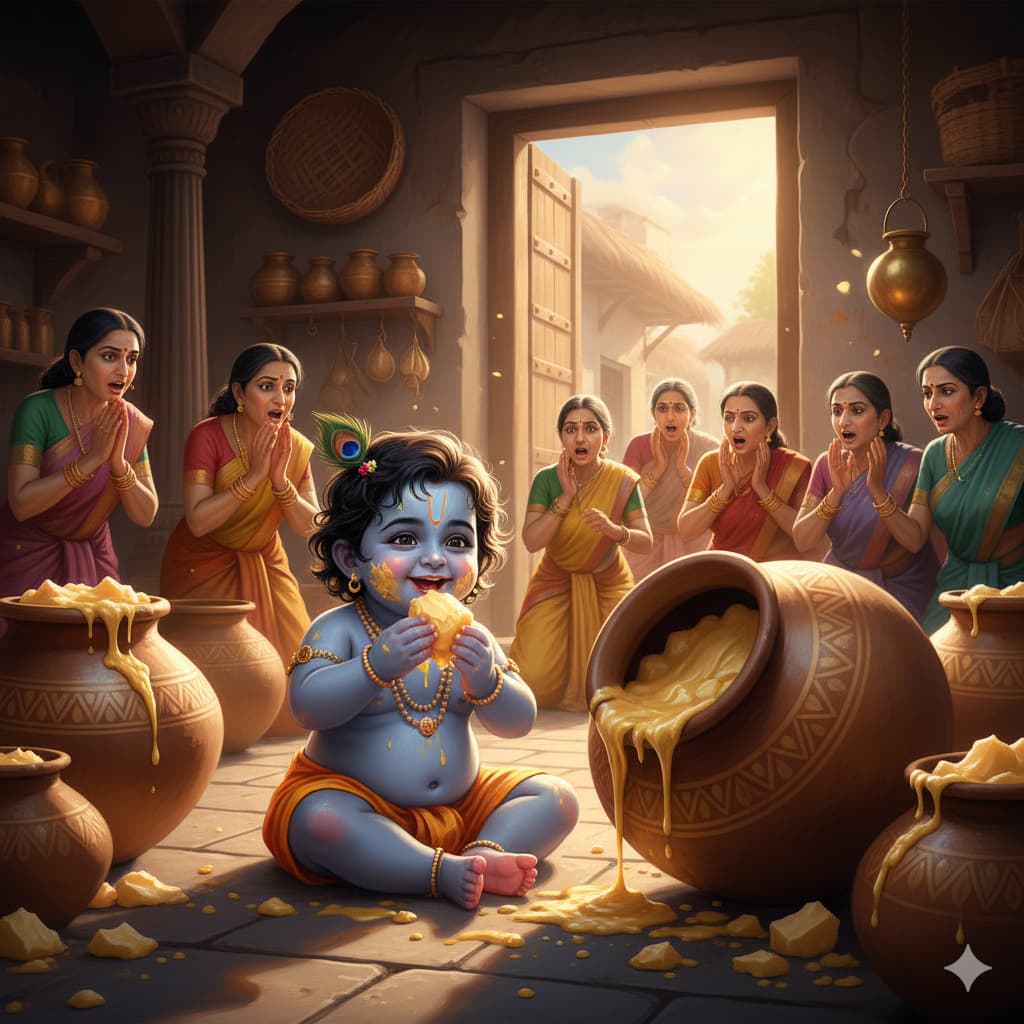 Illustration for Krishna and the Butter Pot kids mythological story showing main characters and scene