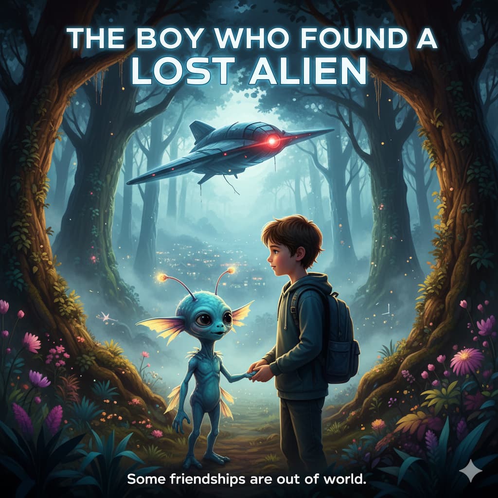 Illustration for The Boy Who Found a Lost Alien kids science fiction story showing main characters and scene