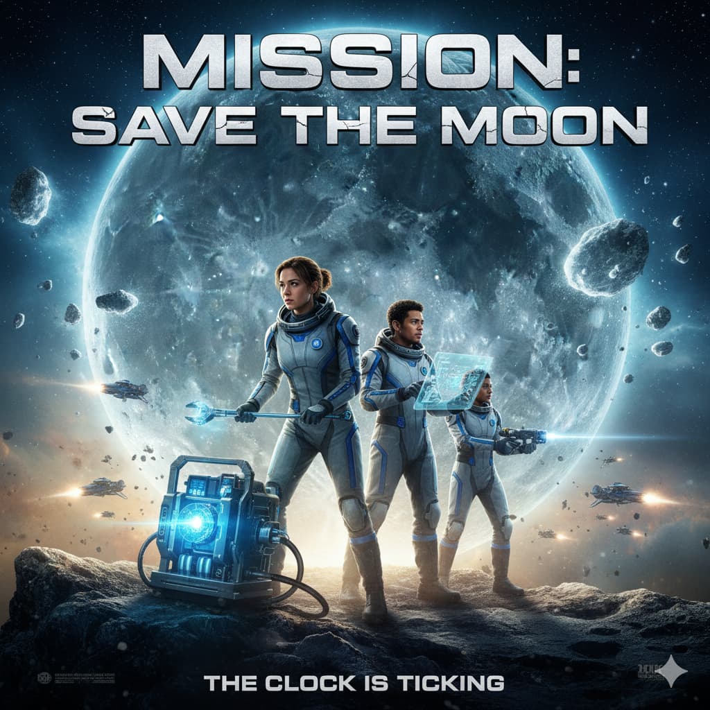 Illustration for Mission: Save the Moon kids science fiction story showing main characters and scene