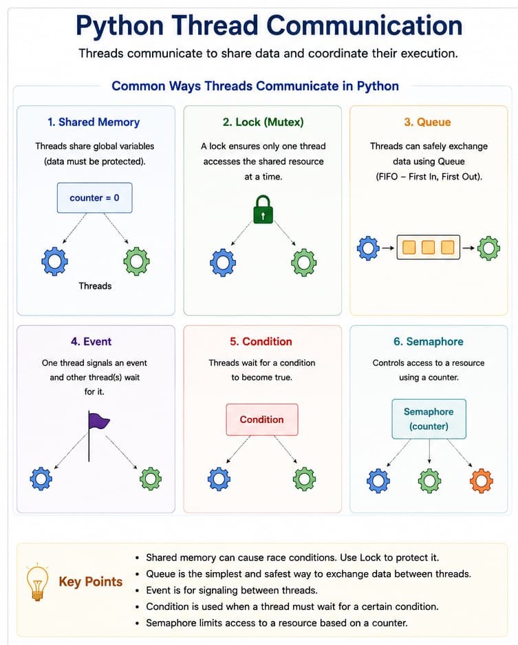 Python multithreading diagram: multiple threads in one process, concurrent execution, shared state, and synchronization primitives