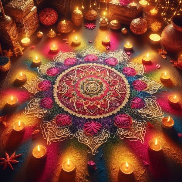 Colorful rangoli art patterns at Diwali doorstep decorations