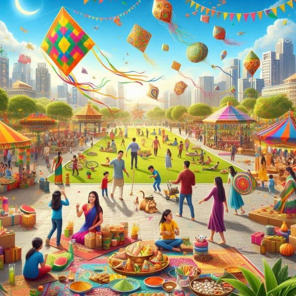 Colorful kites flying in the sky during Makara Sankranti festival in Gujarat