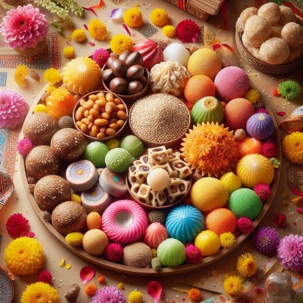 Traditional Sankranti sweets and delicacies including tilgul, chikki and pongal arranged beautifully