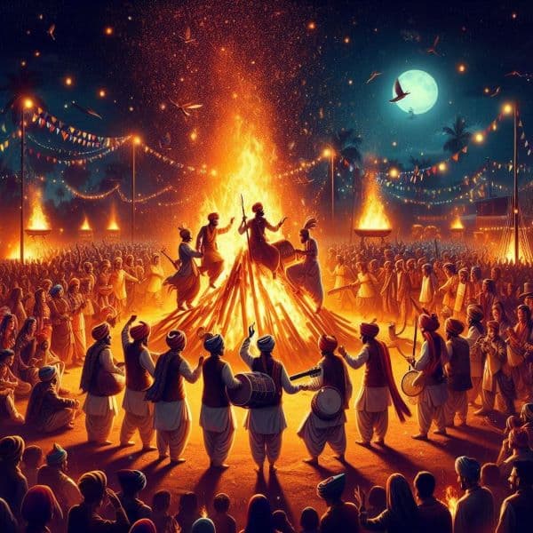 Community bonfire celebration during Lohri festival part of Makara Sankranti in Punjab